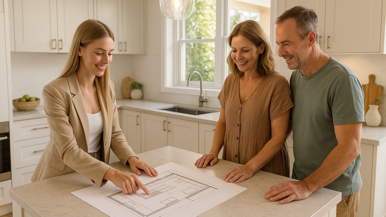 Homeowners reviewing a kitchen renovation plan on the Gold Coast
