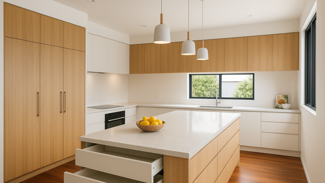 Contemporary Gold Coast kitchen with island, stone benchtop and pantry storage