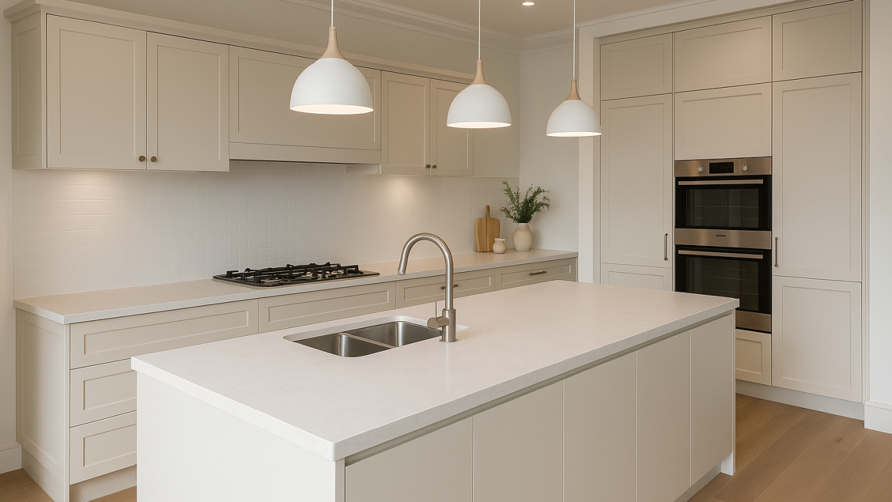 Modern kitchen showroom display with island, stone benchtop and neutral cabinetry on the Gold Coast