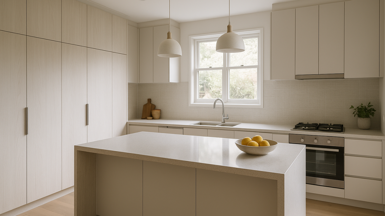 Contemporary custom kitchen with island, tall pantry and practical storage
