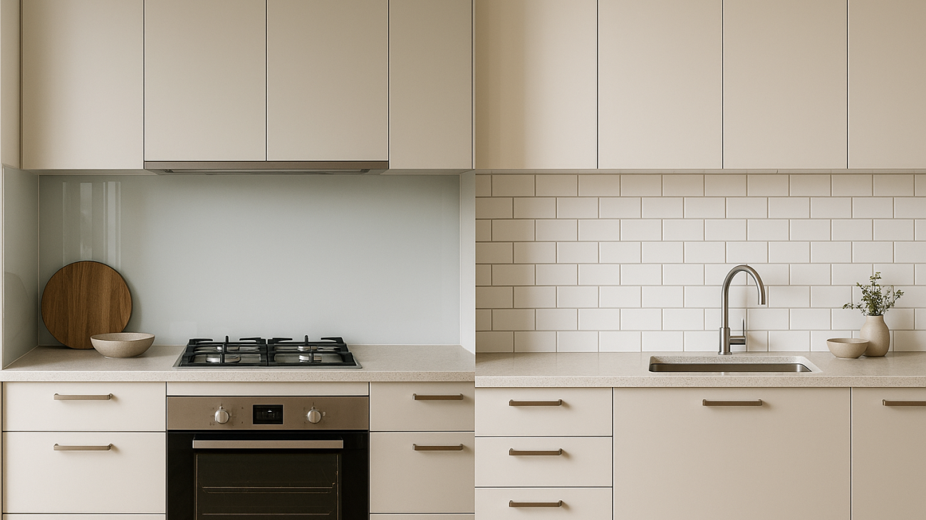 Glass splashback and tiled splashback comparison in a modern kitchen