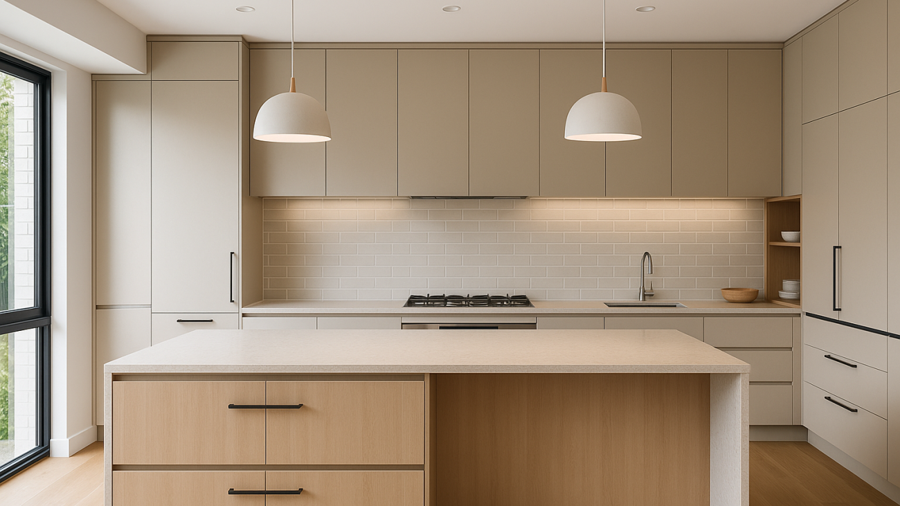 Modern new kitchen with island, matte cabinets and stone benchtop in natural light