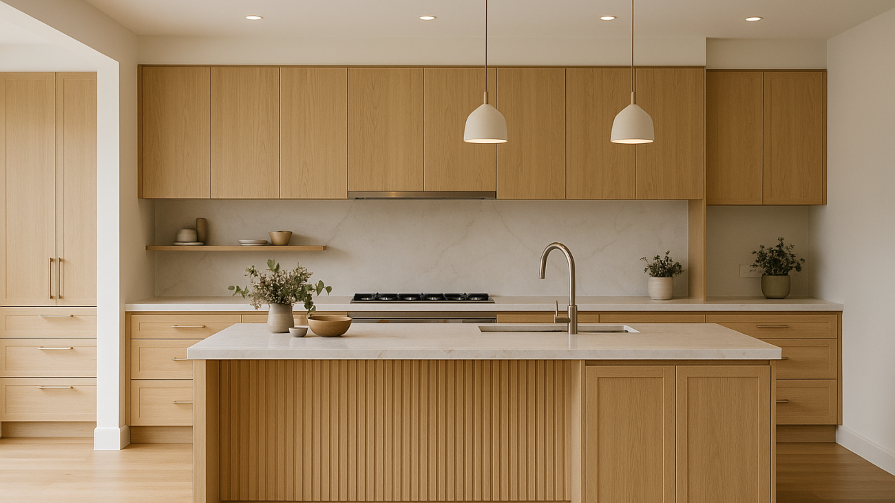 Warm neutral kitchen with fluted island, light timber cabinetry and layered lighting
