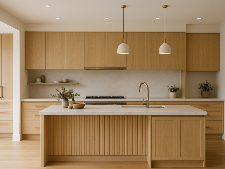 Warm neutral kitchen with fluted island, light timber cabinetry and layered lighting