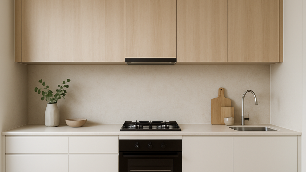 Modern kitchen with a full-height slab splashback behind the cooktop