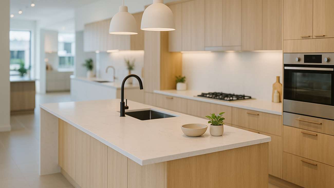 A modern kitchen display in a bright Gold Coast kitchen showroom.