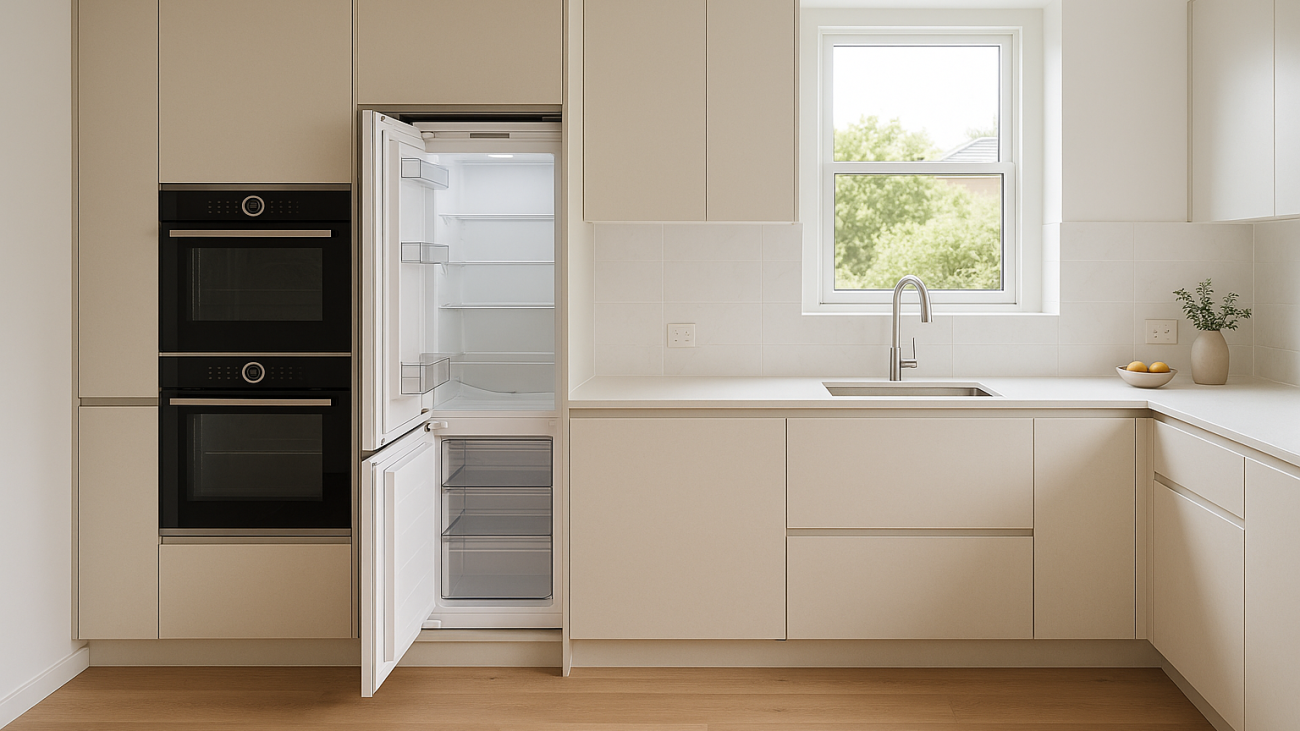 A modern kitchen with fully integrated appliances, showing a clean and seamless design by Pinnacle Kitchens.