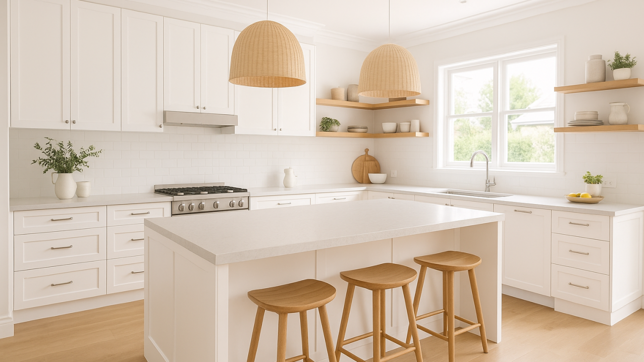 A modern designer kitchen with white cabinetry and a large stone island, showcasing timeless design principles.