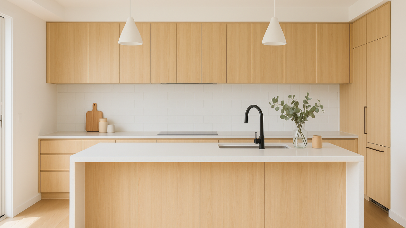 A modern minimalist kitchen designed by Pinnacle Kitchens QLD with light wood cabinetry and a stone island.