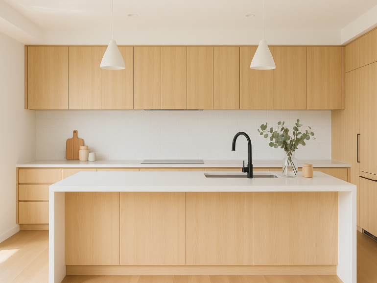 A modern minimalist kitchen designed by Pinnacle Kitchens QLD with light wood cabinetry and a stone island.