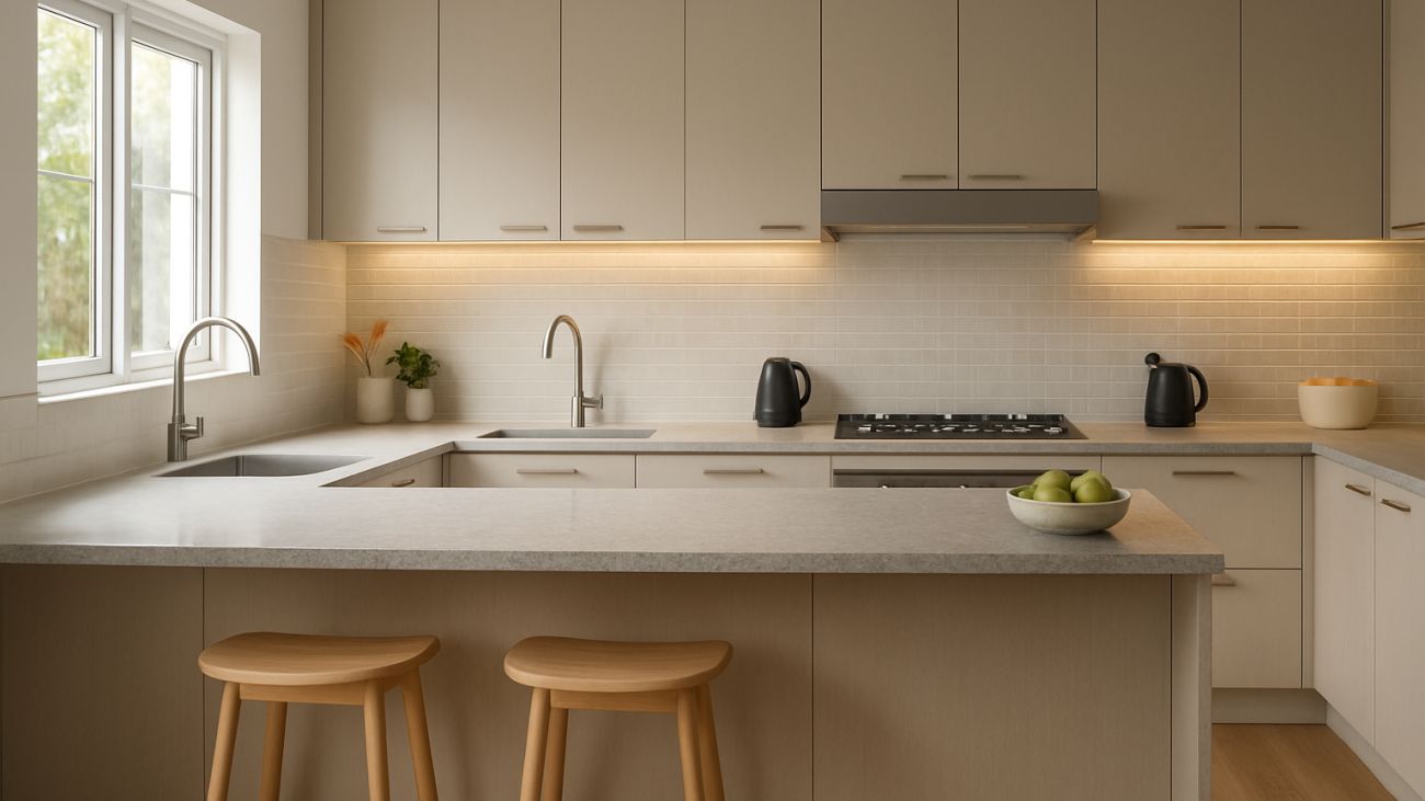Modern Australian kitchen with island, neutral cabinetry and warm task lighting