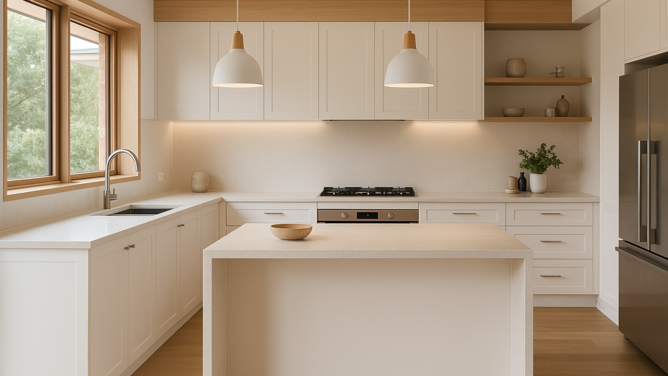 A modern new kitchen with stone benchtops and an island in a bright Australian home