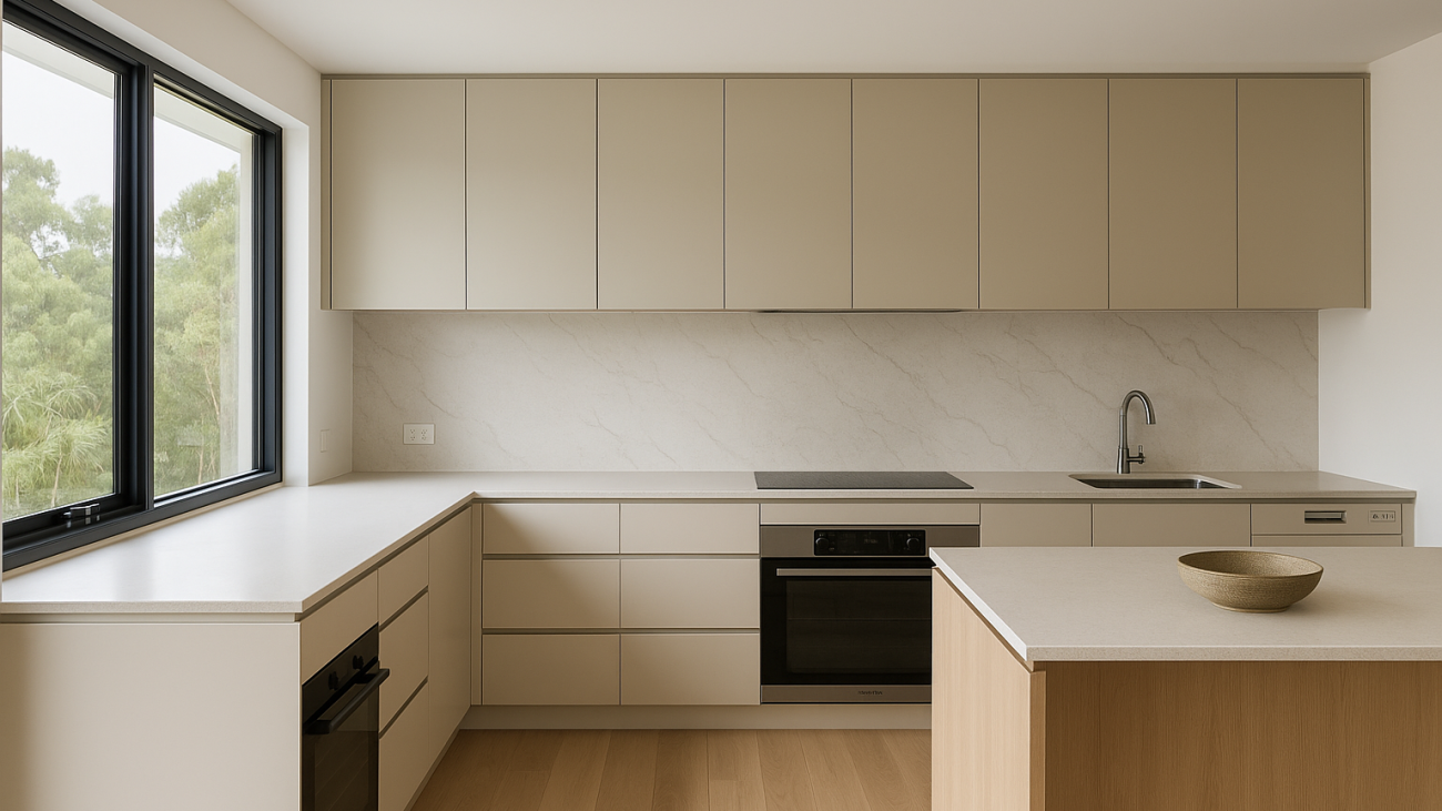 Bright minimalist kitchen with Pinnacle cabinets and neutral colours on the Gold Coast