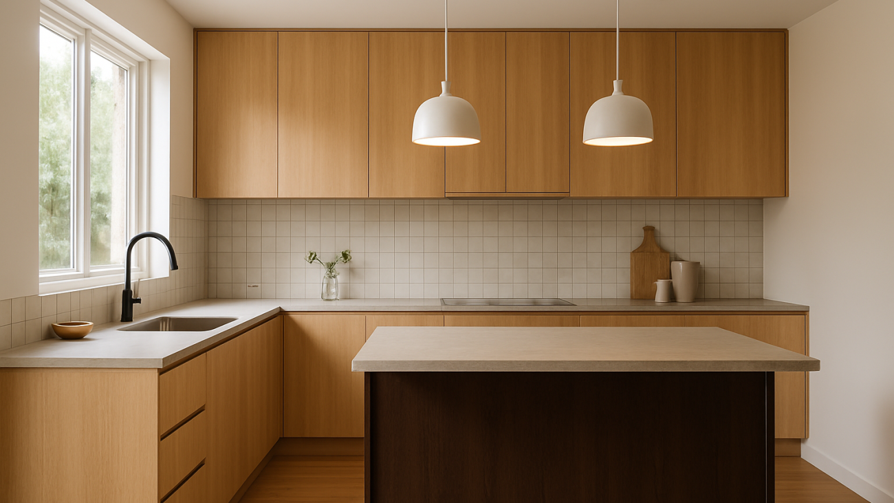 Contemporary Australian kitchen with two-tone cabinetry, pendant lights and tiled splashback