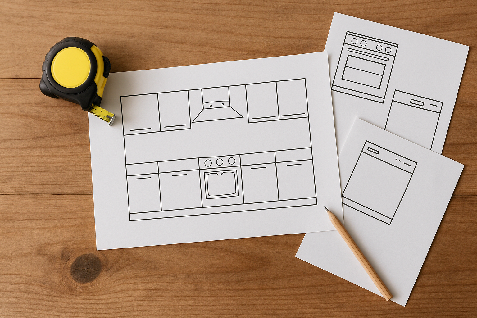 Kitchen layout drawings and appliance spec sheets on a table