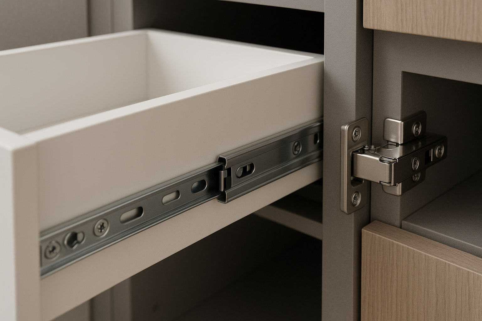 Close-up of quality kitchen drawer hardware and joinery detail