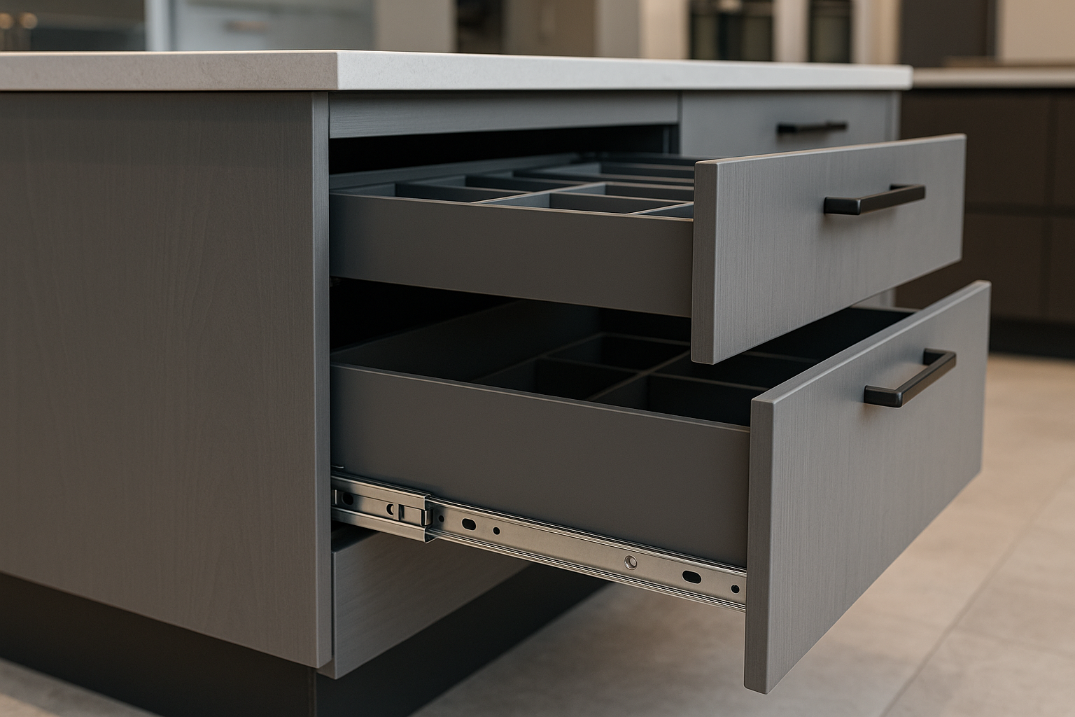 Close-up of soft-close kitchen drawers and internal organisers in a showroom display