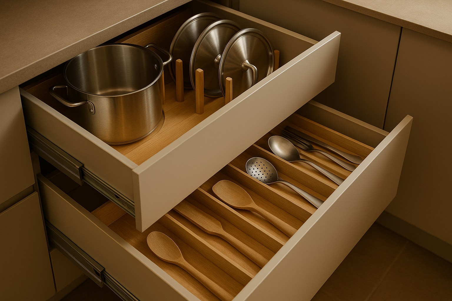Deep kitchen drawers with organised storage inserts