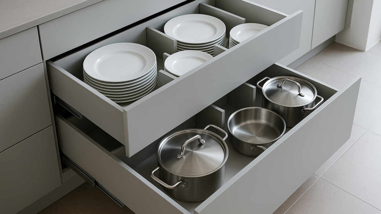 Deep kitchen drawers with organised storage for plates and cookware