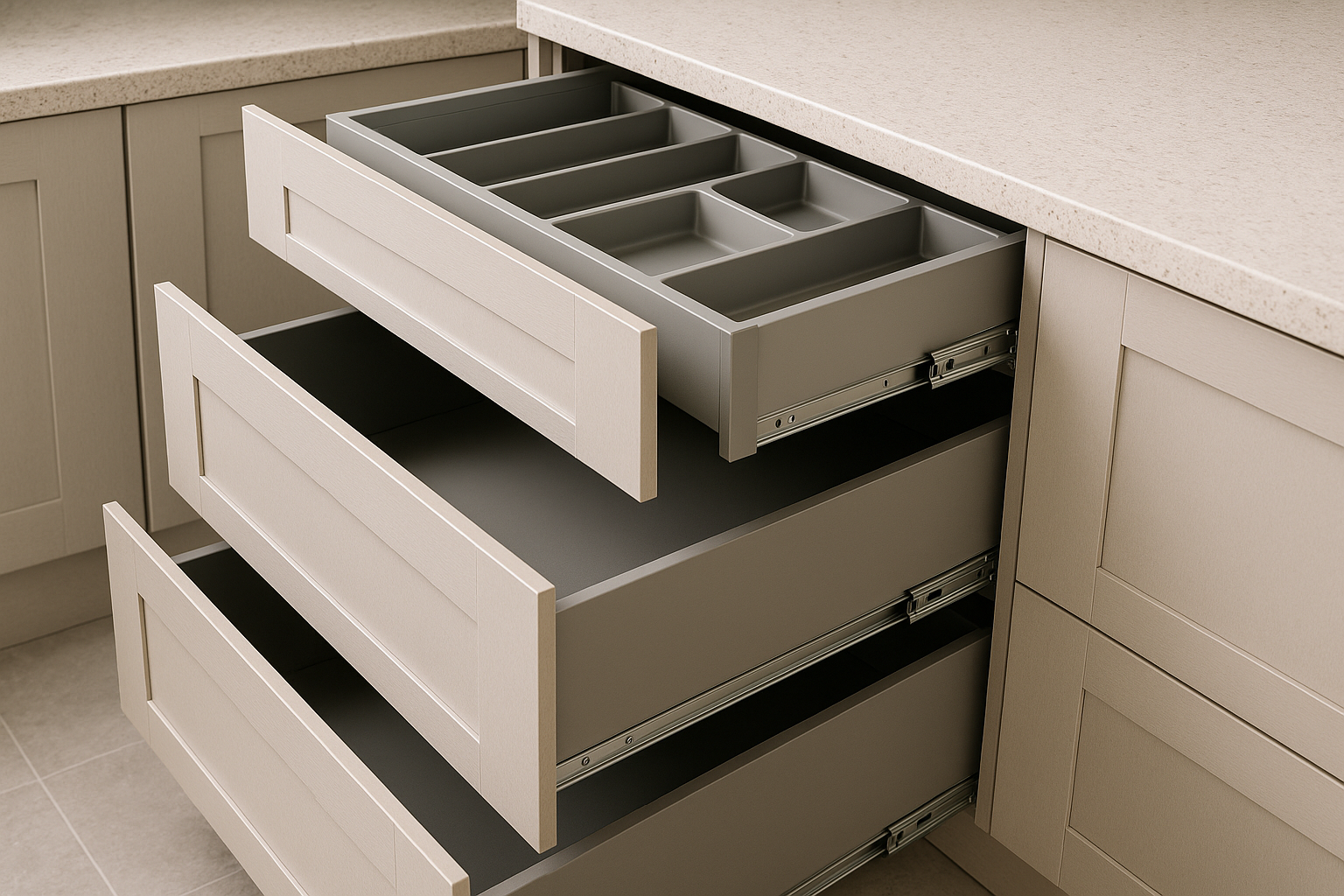 Deep kitchen drawers with organisers and soft-close hardware
