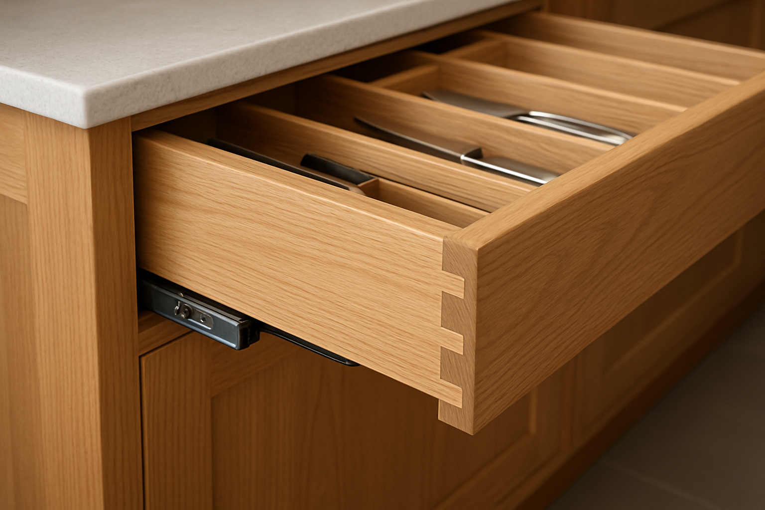 Detail of custom-made DIY kitchen cabinets showing quality hardware and construction.