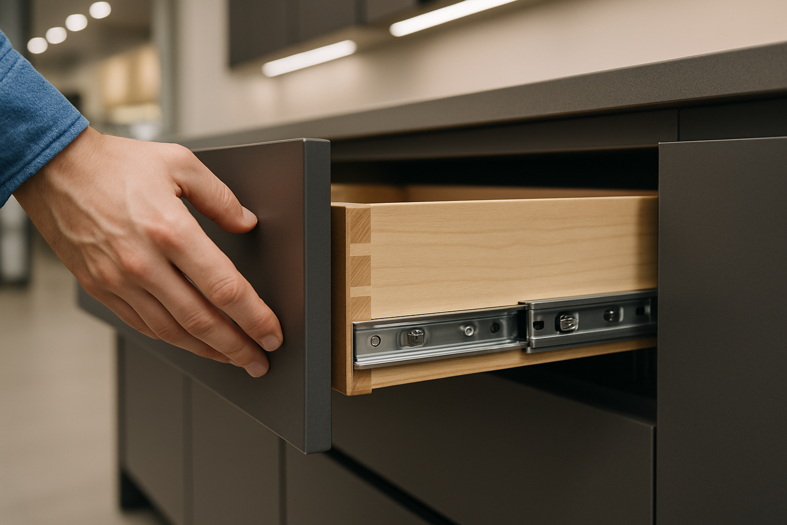 Testing the quality of a soft-close drawer in a kitchen display centre.