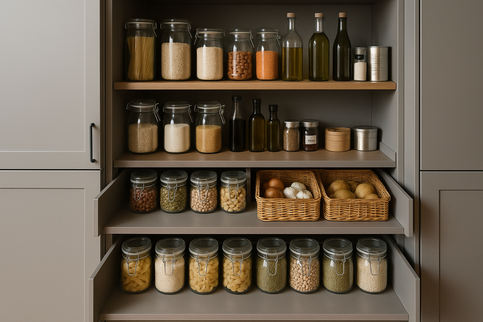 A practical pantry solution with pull-out drawers, an example of modern kitchen cabinet design.