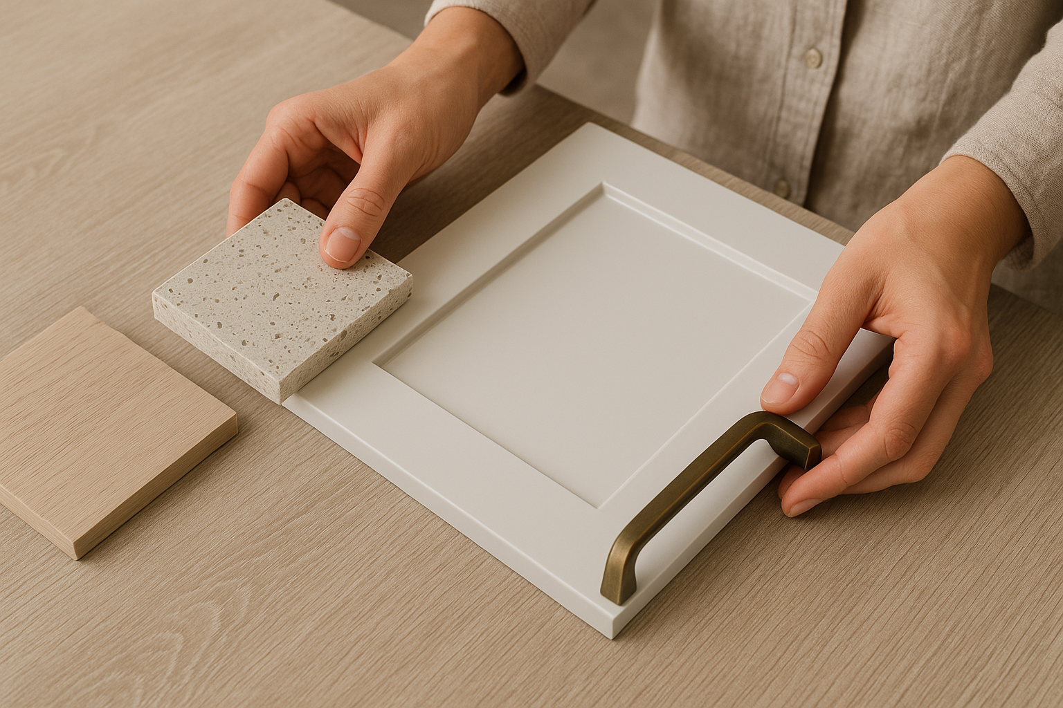 A selection of quality kitchen materials including stone, cabinetry, and handles.