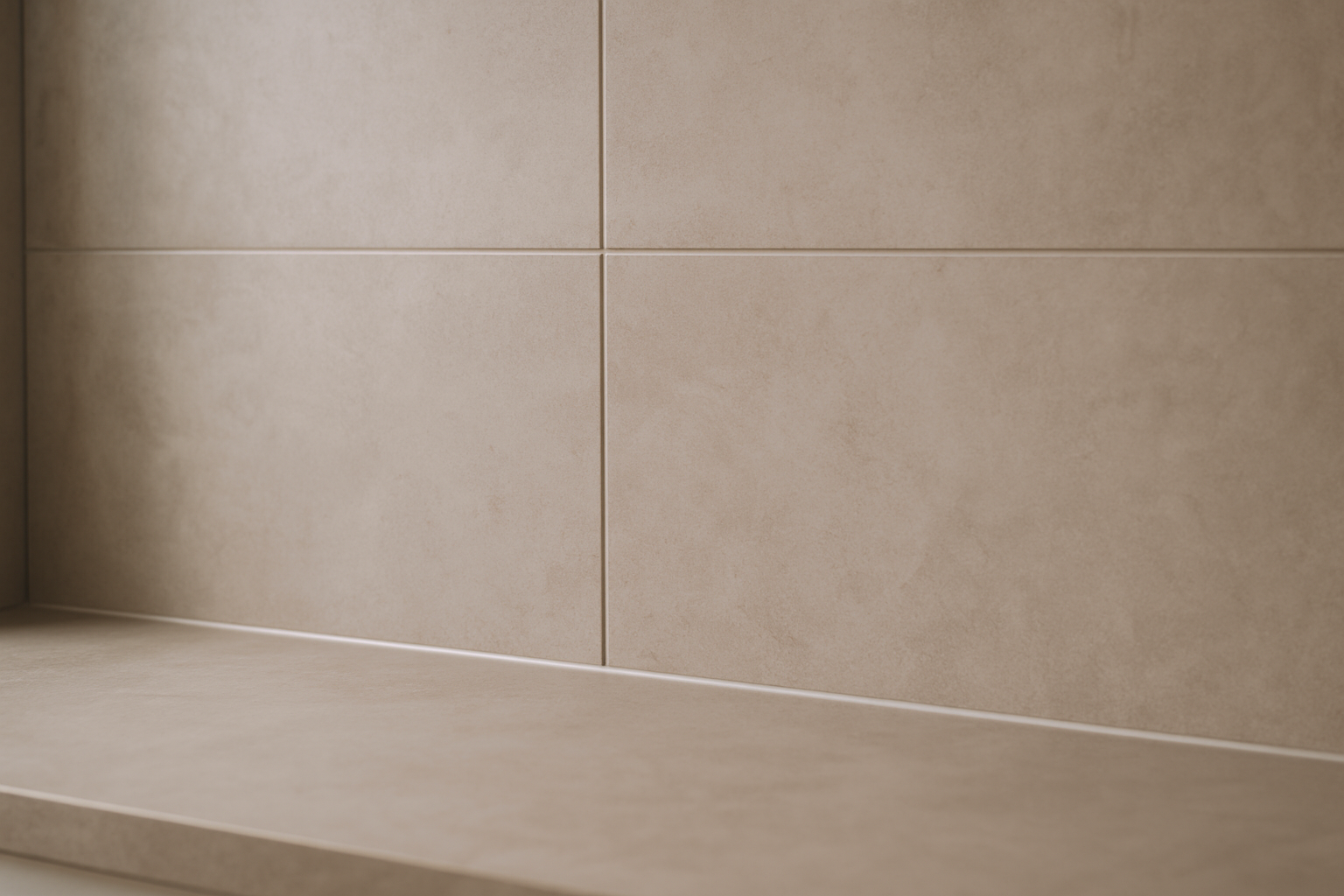 Large-format tiles with minimal grout lines on a kitchen splashback