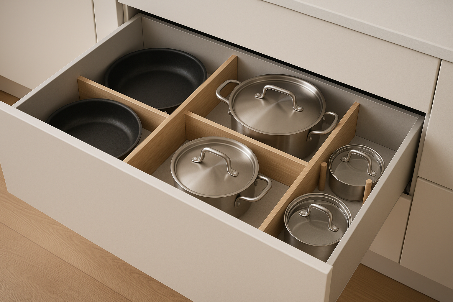 Deep drawers used for organised pot and pan storage in a custom kitchen.