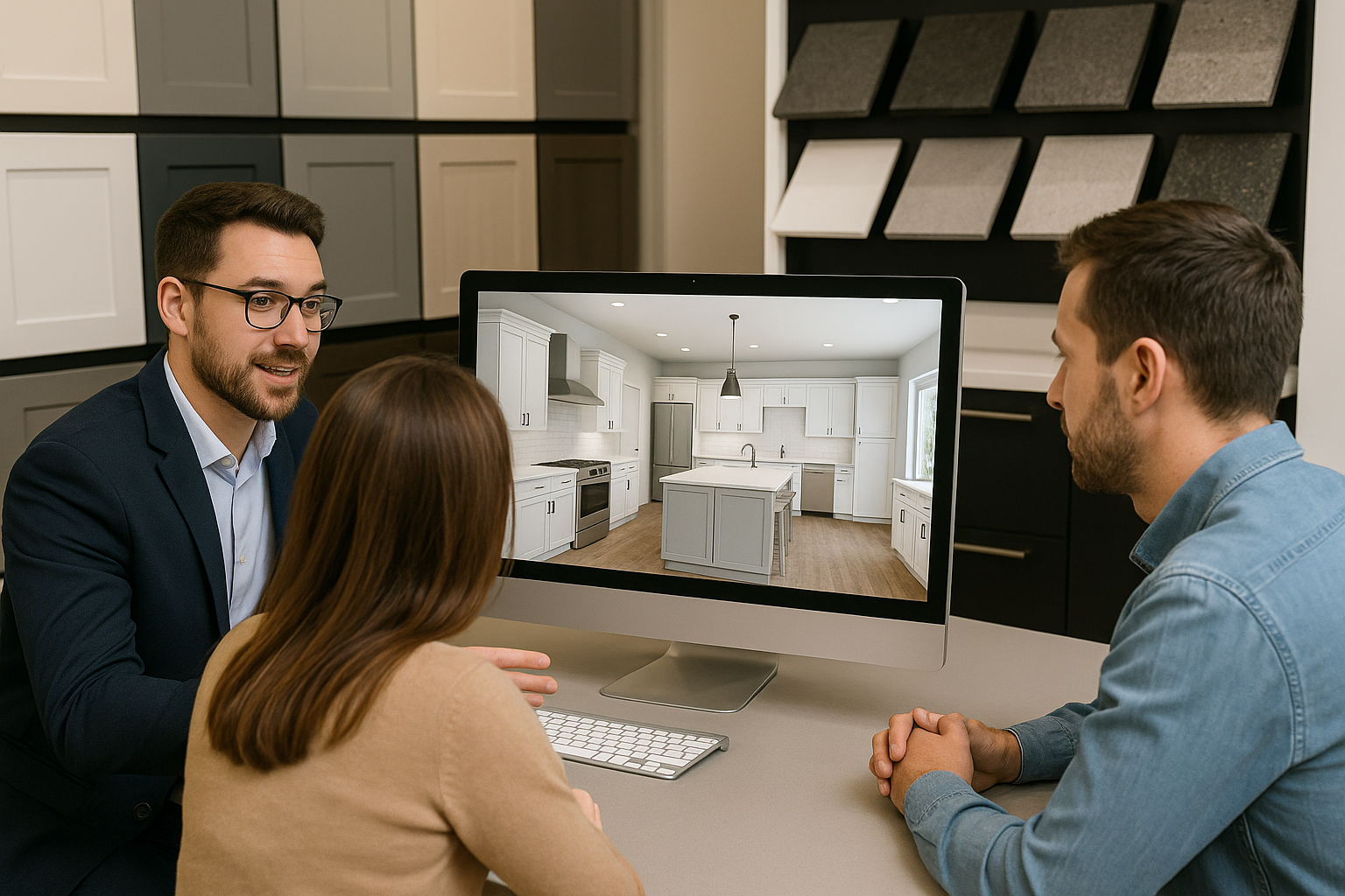 A Pinnacle Kitchens designer discussing 3D kitchen plans with a client.