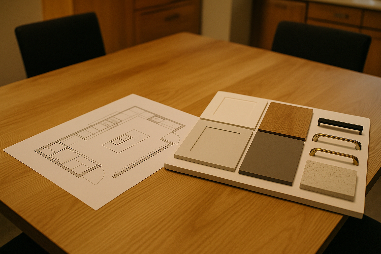 Kitchen plan and finish samples on a table ready for selection