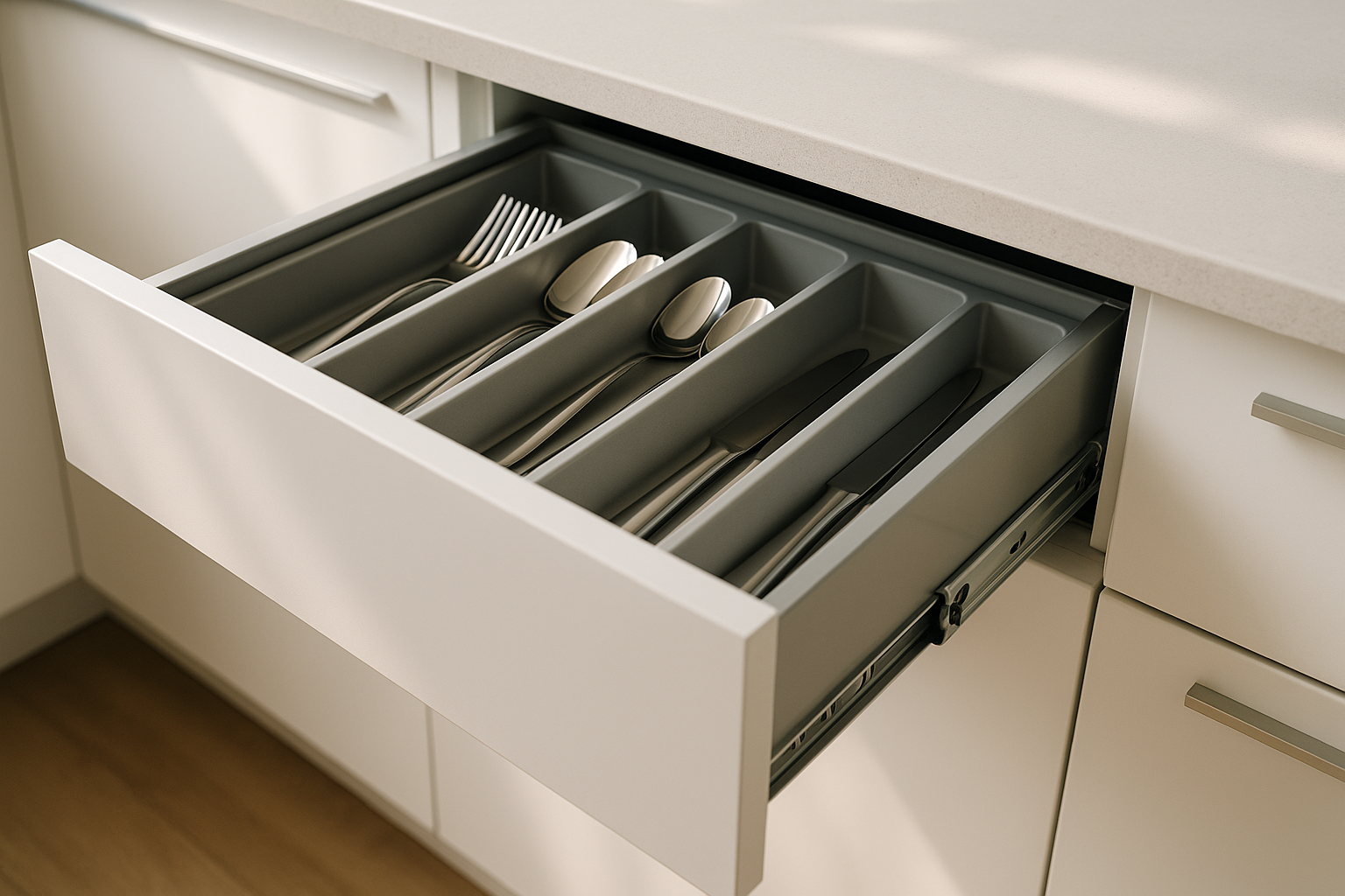 Soft-close kitchen drawer hardware with an organised cutlery insert