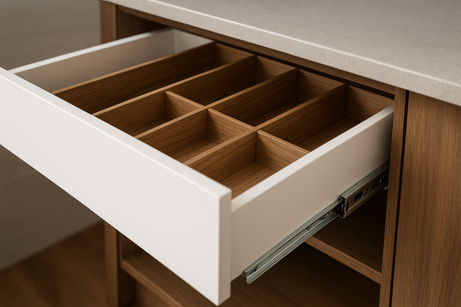 Soft-close kitchen drawer hardware and organised insert