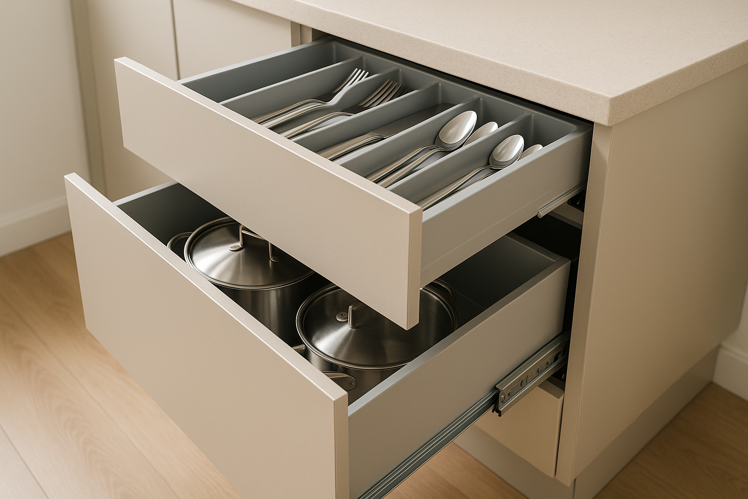 Soft-close kitchen drawers with practical internal organisers