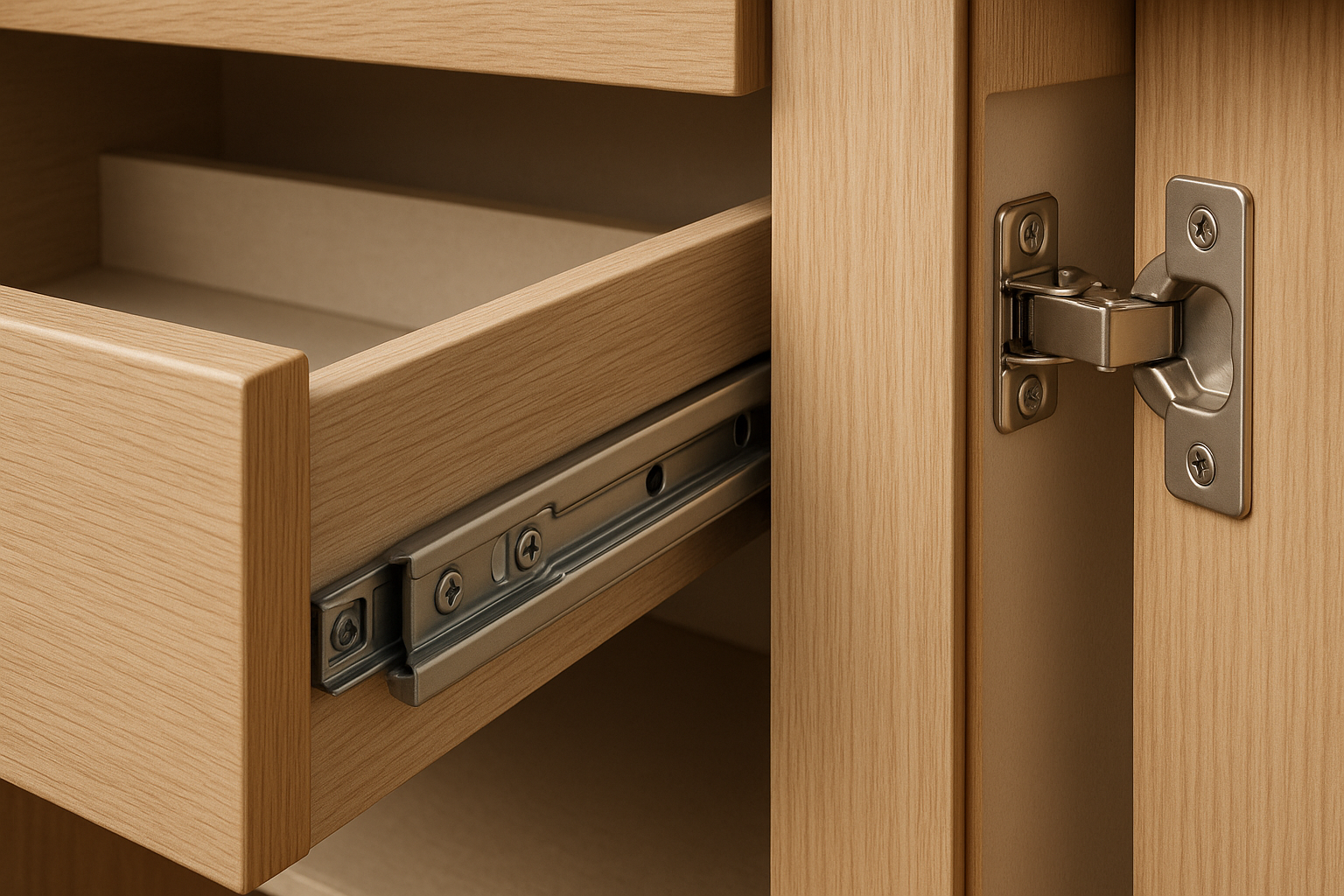 Close-up of soft-close kitchen drawer hardware and cabinet edging