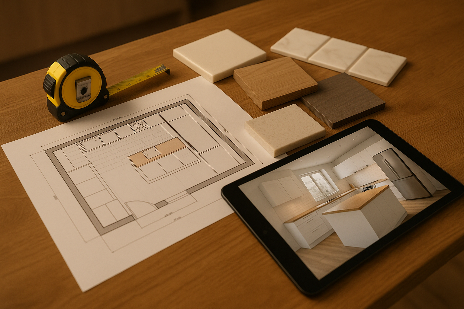Kitchen plan and material samples laid out during a design selection meeting