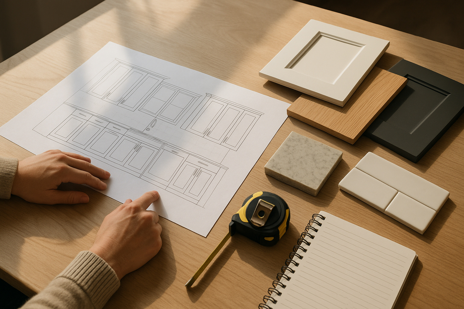 Kitchen plans and material samples laid out for a design consultation