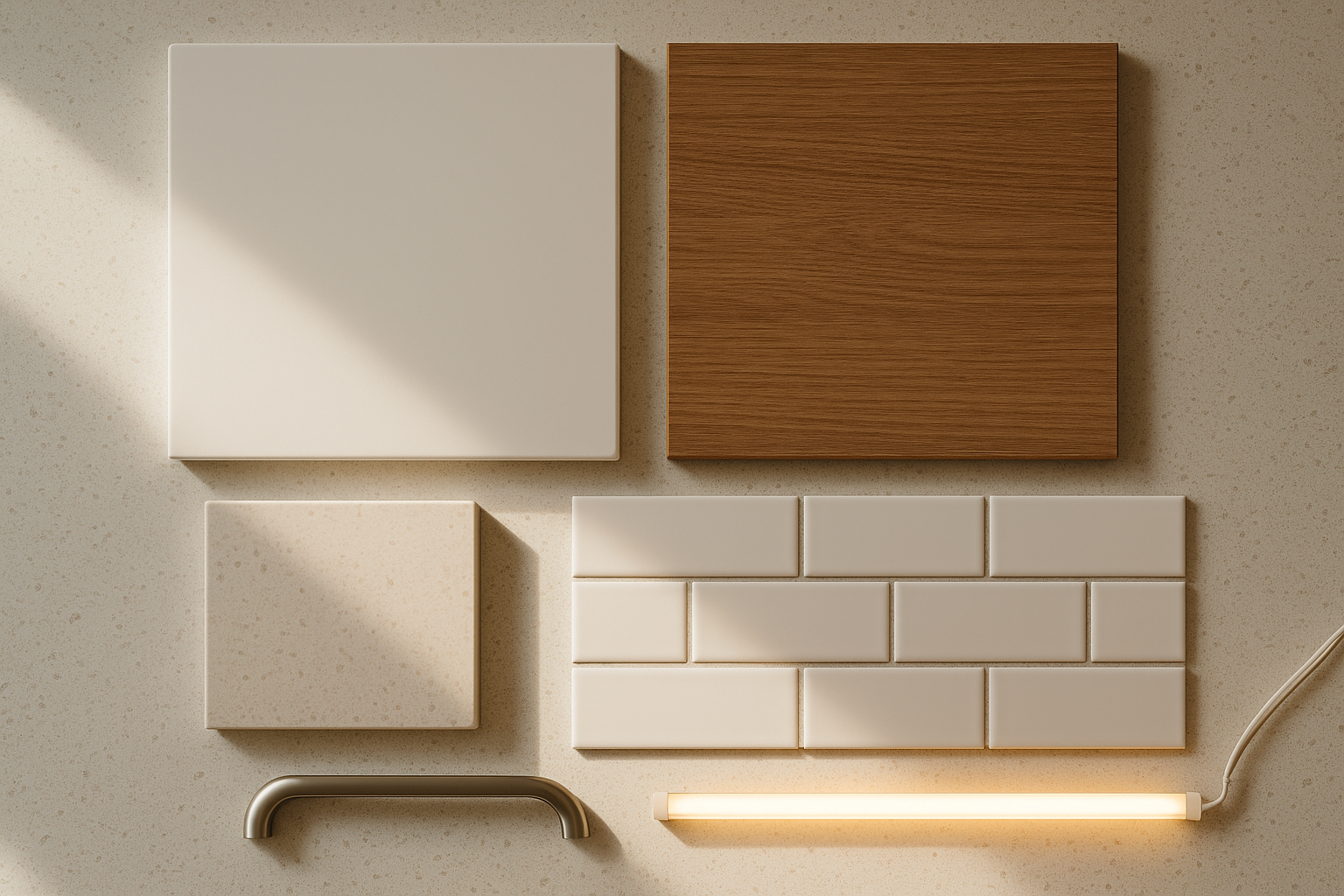 Kitchen material samples for cabinetry, benchtop, splashback and handles
