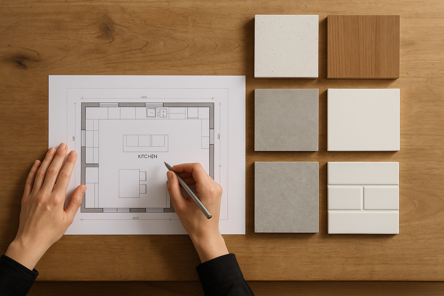 A kitchen designer reviewing material samples and plans.