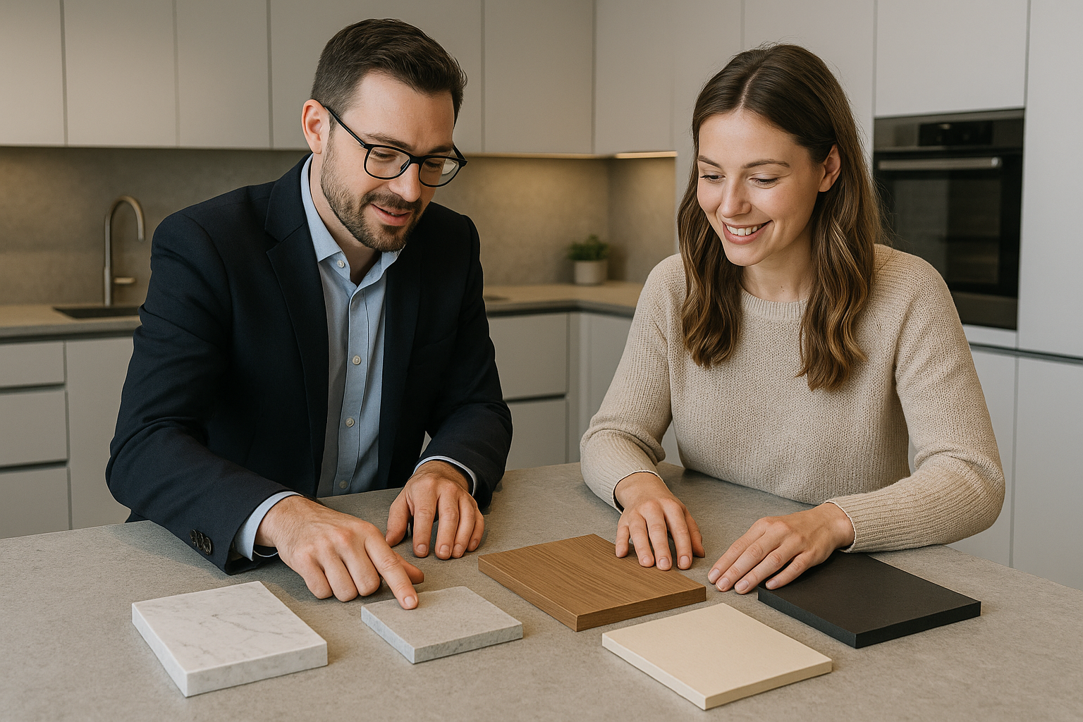 A kitchen designer discussing material options with a client.