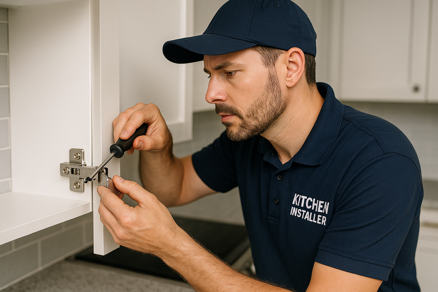 A licensed installer from Pinnacle Kitchens ensuring a perfect cabinet fit.