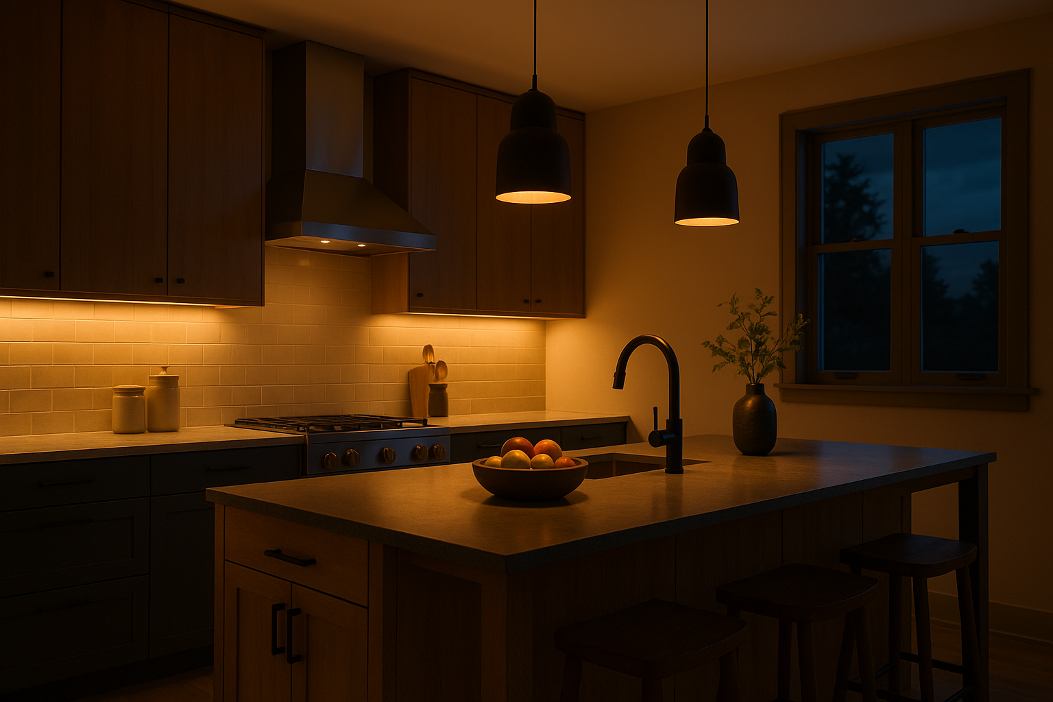 Layered kitchen lighting with under-cabinet task lights and ambient pendants.