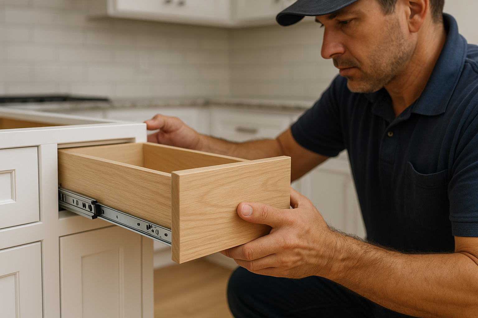 A licensed installer from Pinnacle Kitchens fitting custom cabinetry.