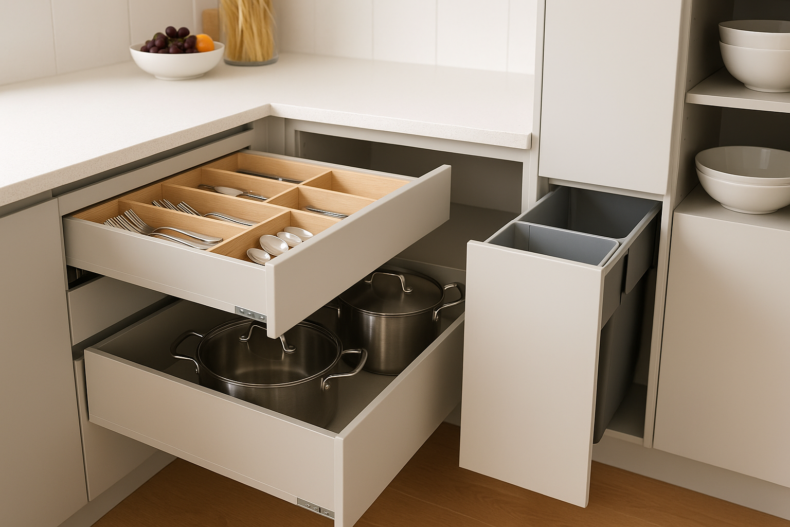 Deep drawers and pantry storage showing practical kitchen organisation