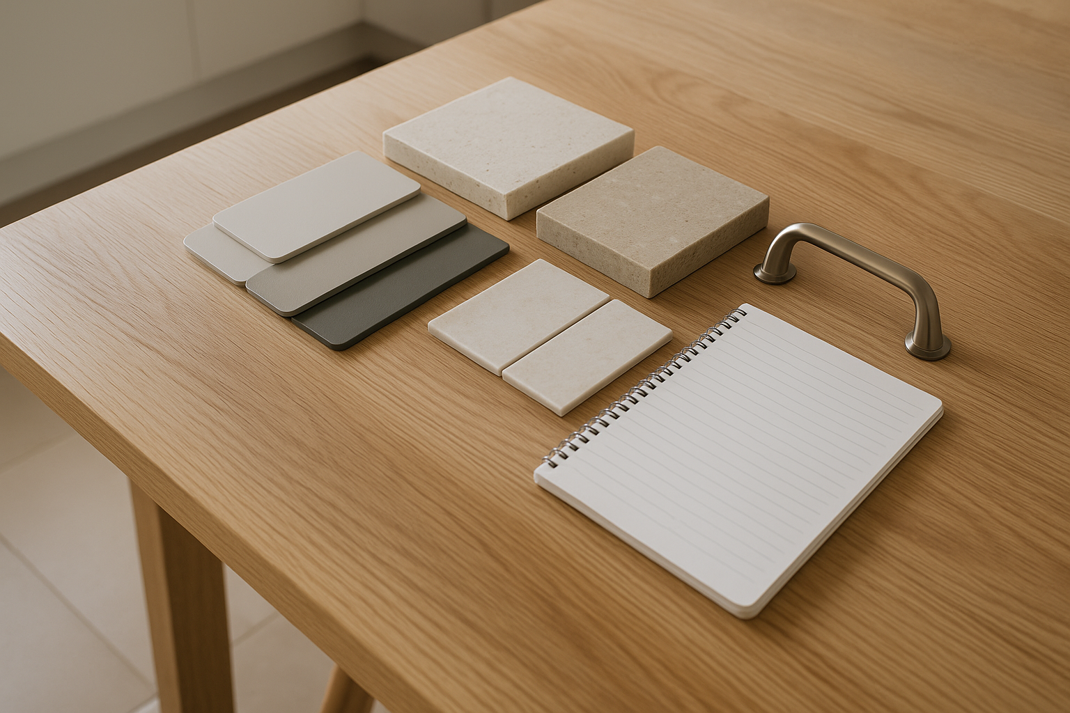 Kitchen finish samples including benchtop, cabinet colour and splashback tiles