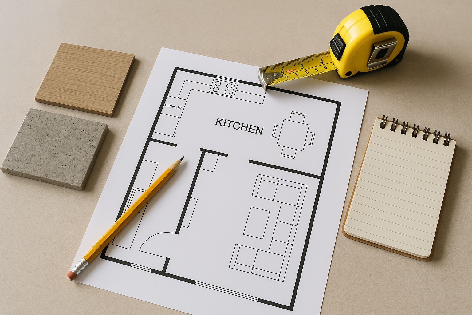 Kitchen renovation planning with floor plan, tape measure and material samples