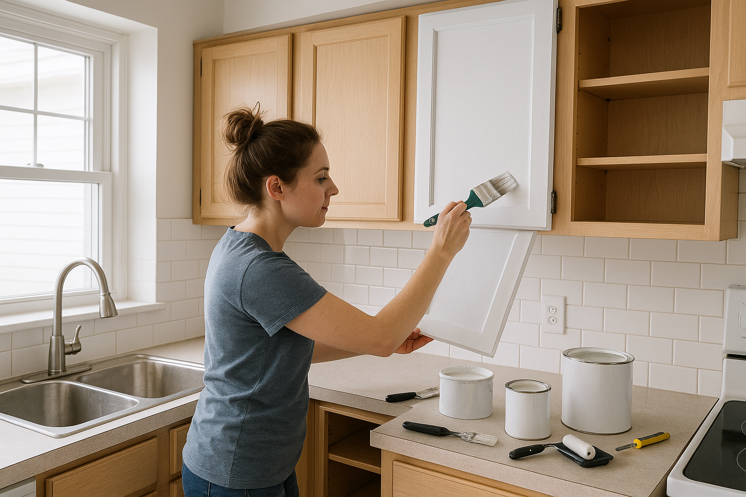 DIY kitchen cupboards being painted white by homeowner