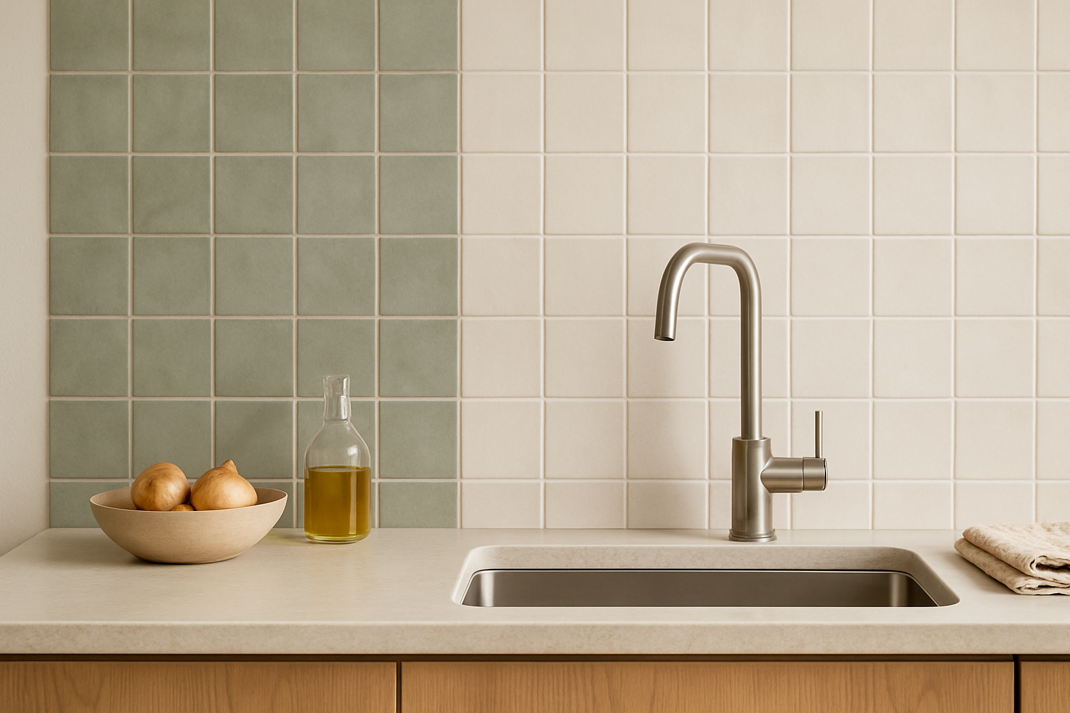 Tiled kitchen splashback in a soft, seasonal colour
