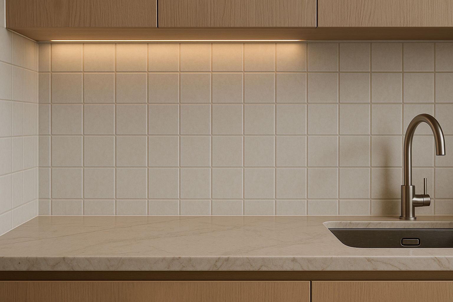 Kitchen splashback and benchtop detail with clean tile lines and neutral finishes